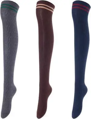 Lovely Annie Big Girl's Women's 3 Pairs Incredible Durable Super Soft Unique Over Knee High Thigh High Cotton Socks Size 6-9 A1023(DG,Coffee,Navy)