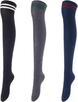 Lovely Annie Women's 3 Pairs Incredible Durable Super Soft Unique Over Knee High Thigh High Cotton Socks Size 6-9 A1023(Black,DarkGrey,Navy)