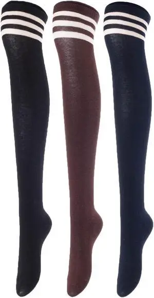 Lovely Annie Women's 3 Pairs Incredible Durable Super Soft Unique Over Knee High Thigh High Cotton Socks Size 6-9 A1022(Black, Coffee, Navy)