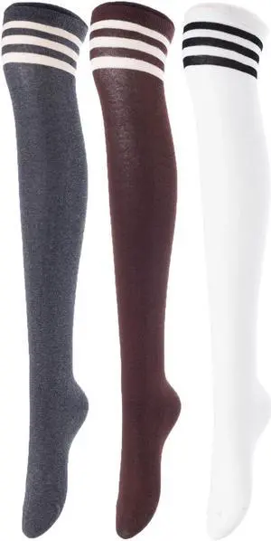 Lovely Annie Women's 3 Pairs Incredible Durable Super Soft Unique Over Knee High Thigh High Cotton Socks Size 6-9 A1022(Dark Grey, Coffee, White)