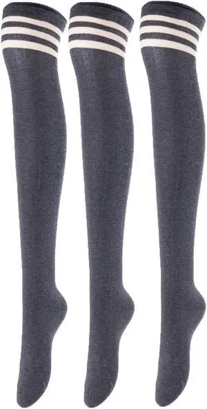 Lovely Annie Women's 3 Pairs Incredible Durable Super Soft Unique Over Knee High Thigh High Cotton Socks Size 6-9 A1022(Dark Grey)