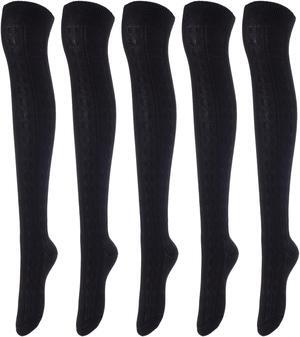 Lovely Annie Women's 5 Pairs Incredible Durable Super Soft Unique Over Knee High Thigh High Cotton Socks Size 6-9 A1024(Black)