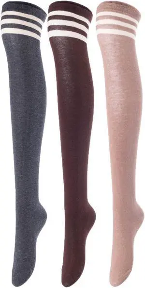 Lovely Annie Women's 3 Pairs Incredible Durable Super Soft Unique Over Knee High Thigh High Cotton Socks Size 6-9 A1022(Dark Grey, Coffee, Khaki)