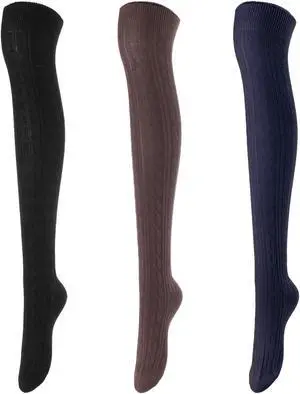 Lovely Annie Women's 3 Pairs Incredible Durable Super Soft Unique Over Knee High Thigh High Cotton Socks Size 6-9 A1024(Black,Coffee,Navy)