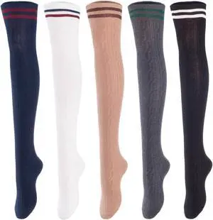 Lovely Annie Big Girl's Women's 5 Pairs Incredible Durable Super Soft Unique Over Knee High Thigh High Cotton Socks Size 6-9 A1023(Blk,DG,Kaki,Wite,Nvy)