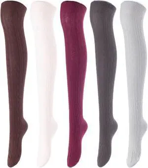 Lovely Annie Women's 5 Pairs Incredible Durable Super Soft Unique Over Knee High Thigh High Cotton Socks Size 6-9 A1024(Coffee,Beige,Wine,DG,Grey)