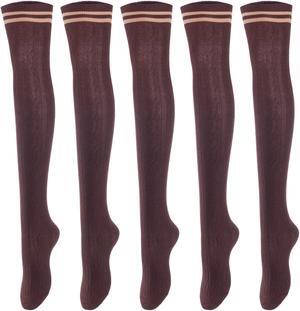 Lovely Annie Women's 5 Pairs Incredible Durable Super Soft Unique Over Knee High Thigh High Cotton Socks Size 6-9 A1023(Coffee)