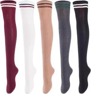 Lovely Annie Women's 5 Pairs Incredible Durable Super Soft Unique Over Knee High Thigh High Cotton Socks Size 6-9 A1023(Black,DG,Khaki,White,Wine)