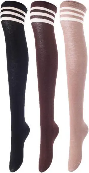 Lovely Annie Women's 3 Pairs Incredible Durable Super Soft Unique Over Knee High Thigh High Cotton Socks Size 6-9 A1022(Black, Coffee, Khaki)
