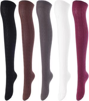 Lovely Annie Women's 5 Pairs Incredible Durable Super Soft Unique Over Knee High Thigh High Cotton Socks Size 6-9 A1024(Black,Coffee,DG,Cream,Wine)