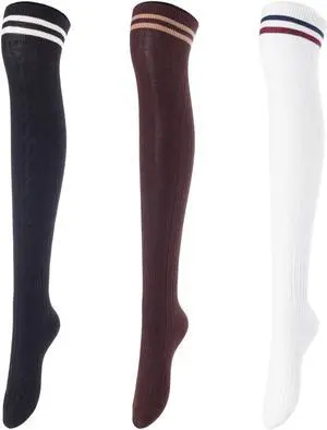 Lovely Annie Big Girl's Women's 3 Pairs Incredible Durable Super Soft Unique Over Knee High Thigh High Cotton Socks Size 6-9 A1023(Blk,Cofe,Wite)