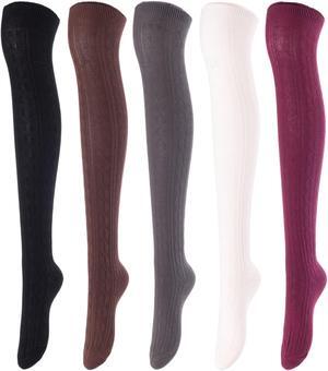 Lovely Annie Women's 5 Pairs Incredible Durable Super Soft Unique Over Knee High Thigh High Cotton Socks Size 6-9 A1024(Black,Coffee,DG,Beige,Wine)