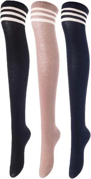 Lovely Annie Women's 3 Pairs Incredible Durable Super Soft Unique Over Knee High Thigh High Cotton Socks Size 6-9 A1022(Black, Kakhi, Navy)
