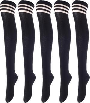 Lovely Annie Women's 5 Pairs Incredible Durable Super Soft Unique Over Knee High Thigh High Cotton Socks Size 6-9 A1022(Black)