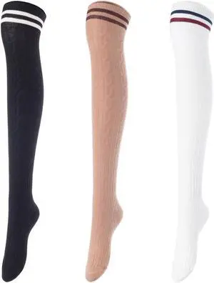 Lovely Annie Women's 3 Pairs Incredible Durable Super Soft Unique Over Knee High Thigh High Cotton Socks Size 6-9 A1023(Black,Khaki,White)