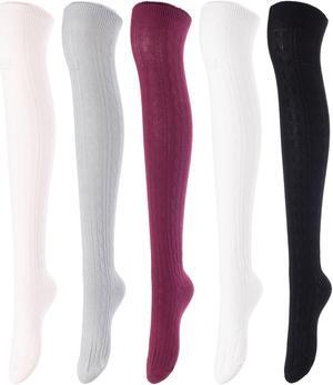 Lovely Annie Women's 5 Pairs Incredible Durable Super Soft Unique Over Knee High Thigh High Cotton Socks Size 6-9 A1024(Beige,LG,Wine,Cream,Black)