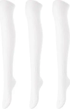 Lovely Annie Women's 3 Pairs Incredible Durable Super Soft Unique Over Knee High Thigh High Cotton Socks Size 6-9 A1024(Cream)