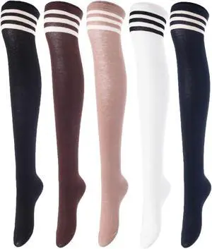 Lovely Annie Big Girls Womens 5Pairs Incredible Durable Super Soft Unique Over Knee High Thigh High Cotton Socks Size 6-9 A1022(Blk,Cof,Kaki,Wite,Nvy)