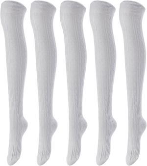 Lovely Annie Women's 5 Pairs Incredible Durable Super Soft Unique Over Knee High Thigh High Cotton Socks Size 6-9 A1024 (Light Grey)
