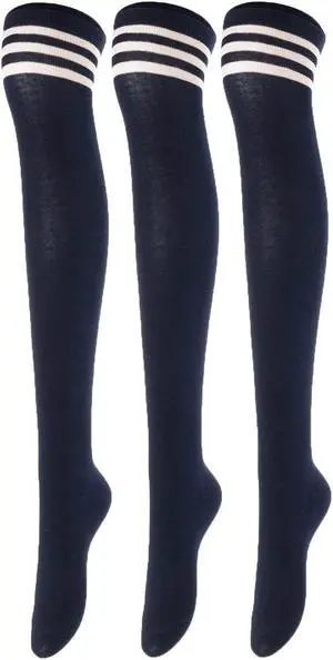 Lovely Annie Women's 3 Pairs Incredible Durable Super Soft Unique Over Knee High Thigh High Cotton Socks Size 6-9 A1022(Navy)