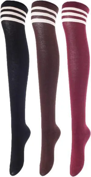 Lovely Annie Women's 3 Pairs Incredible Durable Super Soft Unique Over Knee High Thigh High Cotton Socks Size 6-9 A1022(Black, Coffee, Wine)