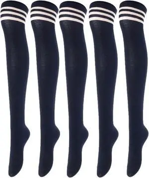 Lovely Annie Women's 5 Pairs Incredible Durable Super Soft Unique Over Knee High Thigh High Cotton Socks Size 6-9 A1022(Navy)
