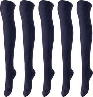 Lovely Annie Women's 5 Pairs Incredible Durable Super Soft Unique Over Knee High Thigh High Cotton Socks Size 6-9 A1024 (Navy)