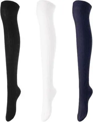 Lovely Annie Women's 3 Pairs Incredible Durable Super Soft Unique Over Knee High Thigh High Cotton Socks Size 6-9 A1024 (Black,Cream,Navy)