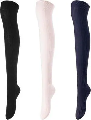 Lovely Annie Women's 3 Pairs Incredible Durable Super Soft Unique Over Knee High Thigh High Cotton Socks Size 6-9 A1024 (Black,Beige,Navy)