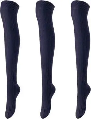 Lovely Annie Women's 3 Pairs Incredible Durable Super Soft Unique Over Knee High Thigh High Cotton Socks Size 6-9 A1024(Navy)