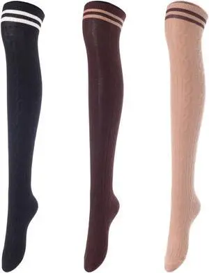 Lovely Annie Women's 3 Pairs Incredible Durable Super Soft Unique Over Knee High Thigh High Cotton Socks Size 6-9 A1023(Black,Coffee,Khaki)