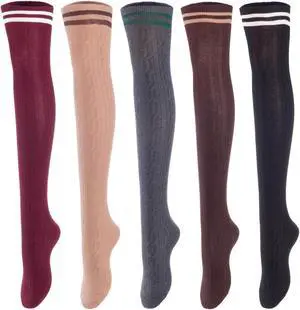 Lovely Annie Big Girl's Women's 5 Pairs Incredible Durable Super Soft Unique Over Knee High Thigh High Cotton Socks Size 6-9 A1023(Blk,Cof,DG,Kaki,Wine)
