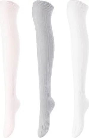 Lovely Annie Women's 3 Pairs Incredible Durable Super Soft Unique Over Knee High Thigh High Cotton Socks Size 6-9 A1024 (Beige,Light Grey,Cream)