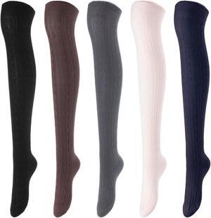 Lovely Annie Women's 5 Pairs Incredible Durable Super Soft Unique Over Knee High Thigh High Cotton Socks Size 6-9 A1024(Black,Coffee,DG,Beige,Navy)