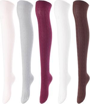 Lovely Annie Women's 5 Pairs Incredible Durable Super Soft Unique Over Knee High Thigh High Cotton Socks Size 6-9 A1024(Beige,LG,Wine,Cream,Coffee)