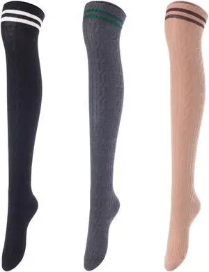 Lovely Annie Women's 3 Pairs Incredible Durable Super Soft Unique Over Knee High Thigh High Cotton Socks Size 6-9 A1023(Black,DarkGrey,Kakhi)