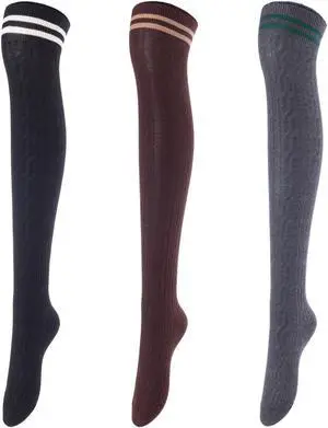 Lovely Annie Women's 3 Pairs Incredible Durable Super Soft Unique Over Knee High Thigh High Cotton Socks Size 6-9 A1023(Black,Coffee,DarkGrey)