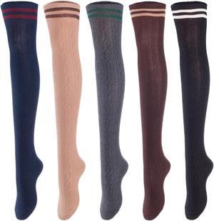 Lovely Annie Women's 5 Pairs Incredible Durable Super Soft Unique Over Knee High Thigh High Cotton Socks Size 6-9 A1023(Black,Coffee,DG,Khaki,Navy)
