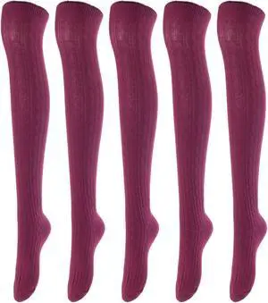 Lovely Annie Women's 5 Pairs Incredible Durable Super Soft Unique Over Knee High Thigh High Cotton Socks Size 6-9 A1024 (Wine)