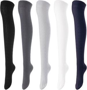 Lovely Annie Women's 5 Pairs Incredible Durable Super Soft Unique Over Knee High Thigh High Cotton Socks Size 6-9 A1024(Black,DG,Grey,Cream,Navy)