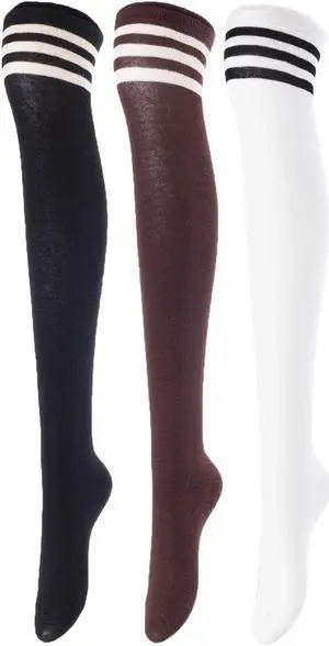 Lovely Annie Women's 3 Pairs Incredible Durable Super Soft Unique Over Knee High Thigh High Cotton Socks Size 6-9 A1022(Black, Coffee, White)