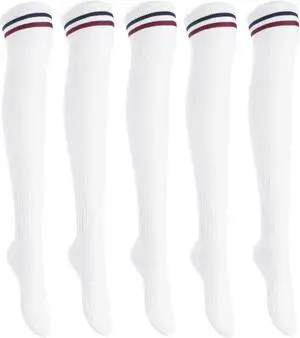 Lian LifeStyle Women's 5 Pairs Adorable Comfortable Soft Thigh High Over Knee High Cotton Socks Size 6-9 L1023(White)