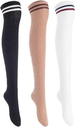 Lian LifeStyle Women's 3 Pairs Adorable Comfortable Soft Thigh High Over Knee High Cotton Socks Size 6-9 L1023(Black,Khaki,White)