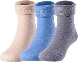 Lian LifeStyle 3 Pairs Children  Wool Crew Boot Socks. Super Comfortable, Soft, Adorable and Durable HRL1801 Size 6M-12M (Blue, Gray, Beige)