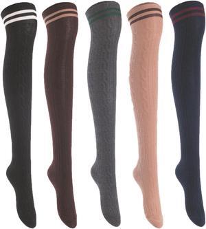 Lian LifeStyle Women's 5 Pairs Adorable Comfortable Soft Thigh High Over Knee High Cotton Socks Size 6-9 L1023(Black,Coffee,DG,Khaki,Navy)