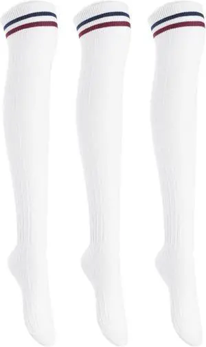 Lian LifeStyle Women's 3 Pairs Adorable Comfortable Soft Thigh High Over Knee High Cotton Socks Size 6-9 L1023(White)
