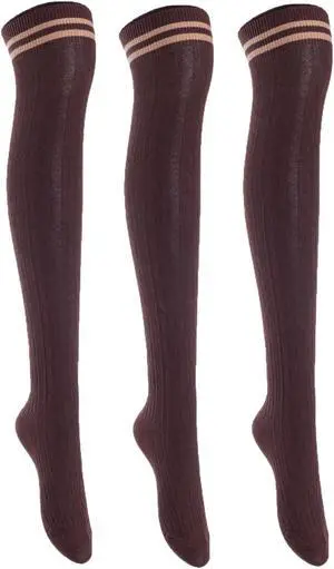 Lian LifeStyle Women's 3 Pairs Adorable Comfortable Soft Thigh High Over Knee High Cotton Socks Size 6-9 L1023(Coffee)