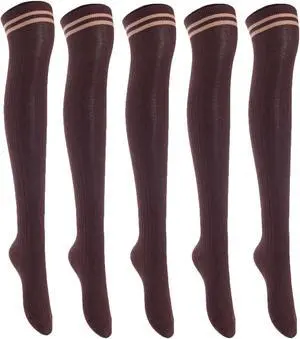 Lian LifeStyle Women's 5 Pairs Adorable Comfortable Soft Thigh High Over Knee High Cotton Socks Size 6-9 L1023(Coffee)