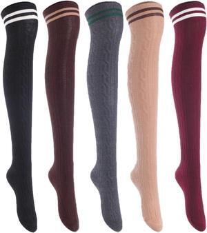 Lian LifeStyle Exquisite Big Girl's Women's 5 Pairs Thigh High Cotton Socks. Super Comfortable Female Socks in Vibrant Colors Size 6-9 L1023(Blk,Cof,DG,Kaki,Wine)