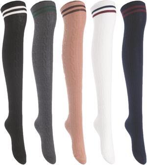 Lian LifeStyle Women's 5 Pairs Adorable Comfortable Soft Thigh High Over Knee High Cotton Socks Size 6-9 L1023(Bcklk,DG,Khaki,White,Navy)